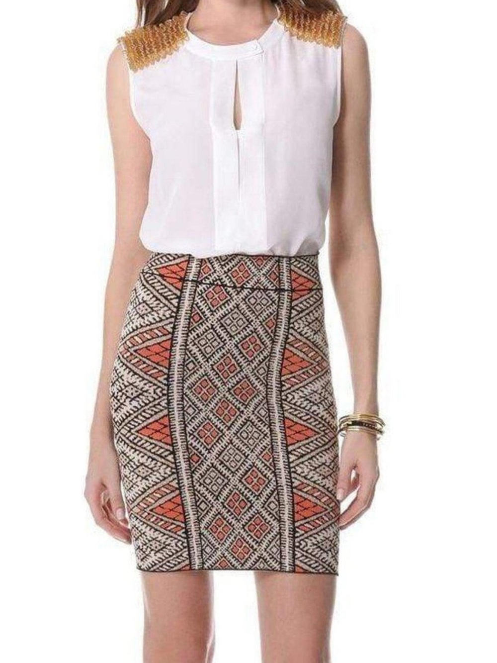BCBGMaxAzria Cream and Orange Geometric Bodycon Skirt